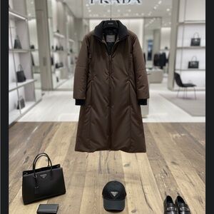Prada Brown Long Puffer Coat with Wool Collar - Size IT 40 (US 4/S)